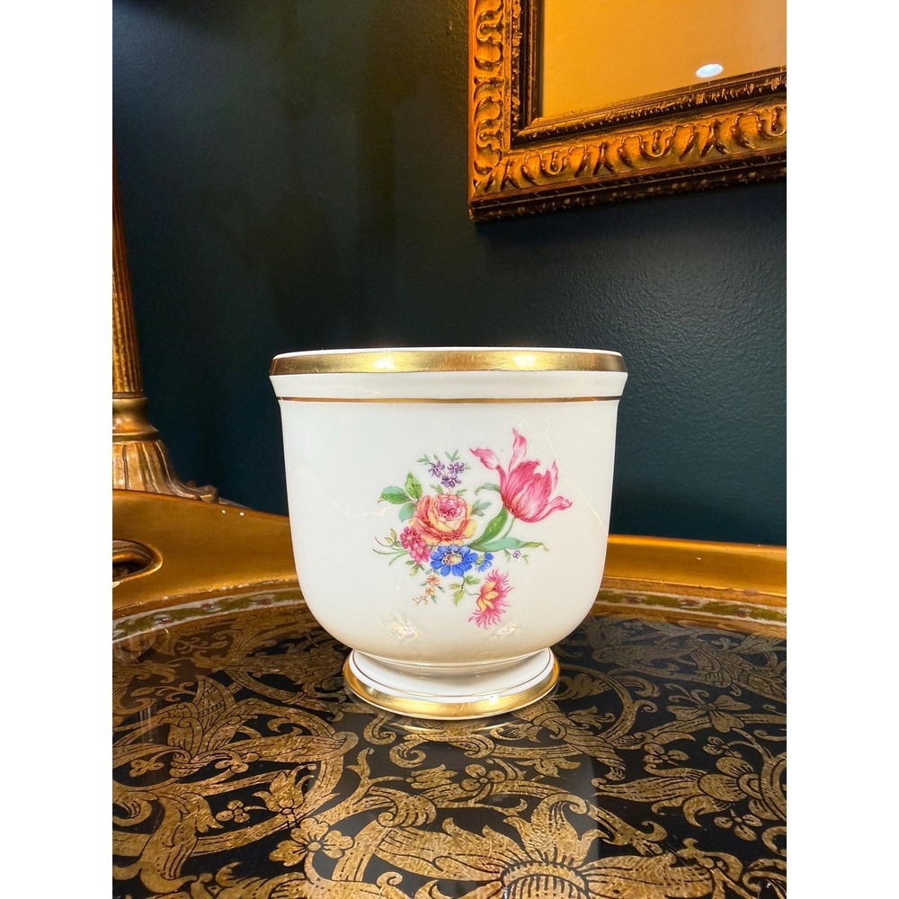 Vista Alegre Portugal Floral Porcelain Cachepot with Gold Trim – 4.25"